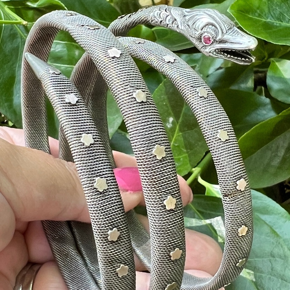ANTIQUE PORTUGUESE 800 STERLING MESH COILED SNAKE WRAP BRACELET STARS RUBIES